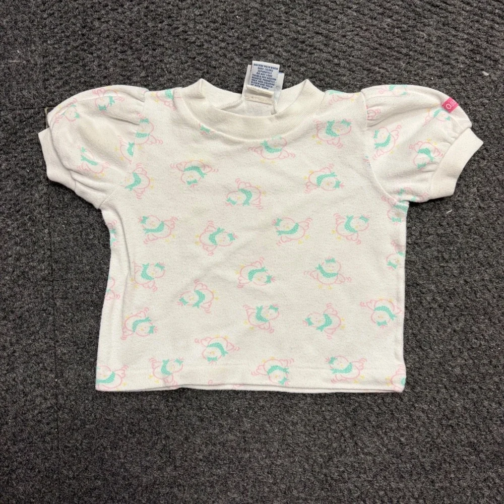 Vintage OshKosh Bgosh Baby Girl Bird Print Puff Sleeve Tee 12 Months USA Made